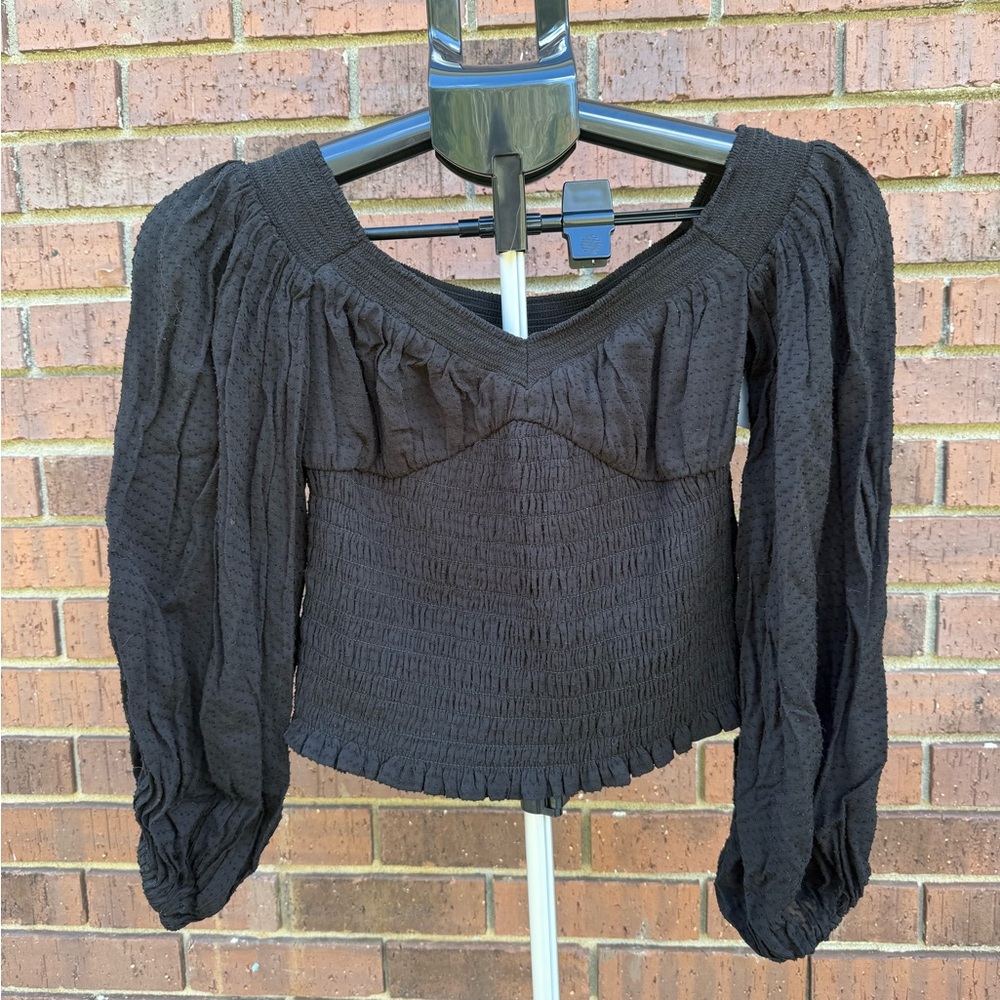 AllSaints Tia Top Womens US Size 4 Black Smocked Textured Long Sleeve Shirt New